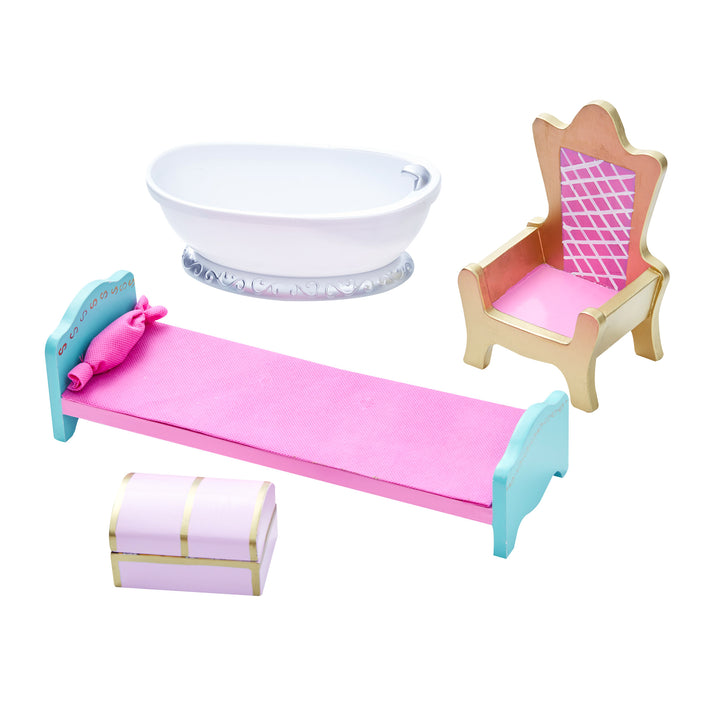 A white bathtub, a gold and pink throne, a pink and blue bed and a pink and gold chest sized for 12" dolls.