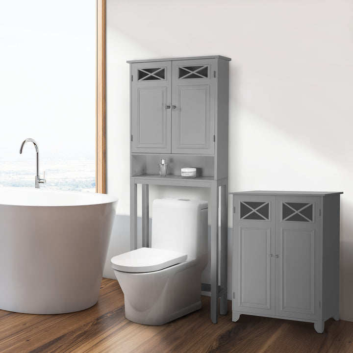 Modern bathroom interior with a freestanding bathtub, toilet, and Gray Teamson Home Dawson Over the Toilet Storage Cabinet with open lower shelf