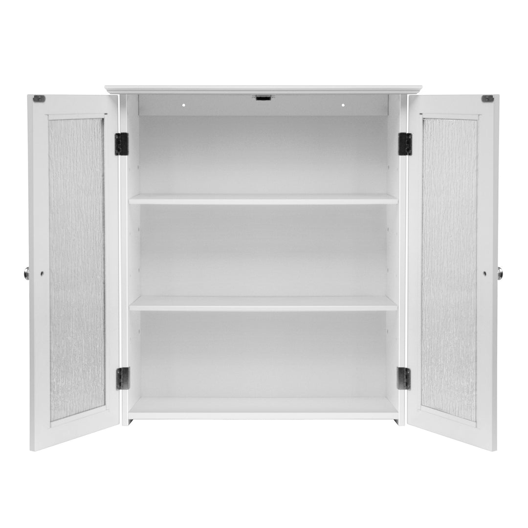 Elegant Home Fashions Connor Removable Wall Cabinet with 2 Glass Doors with both door opens to reveal the two adjustable internal shelves