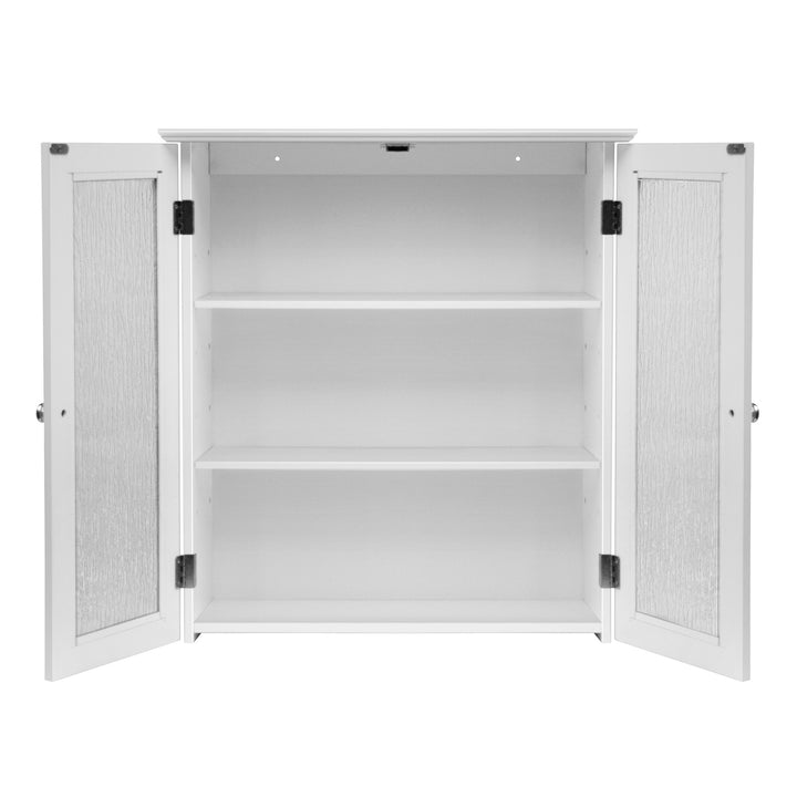 Elegant Home Fashions Connor Removable Wall Cabinet with 2 Glass Doors with both door opens to reveal the two adjustable internal shelves