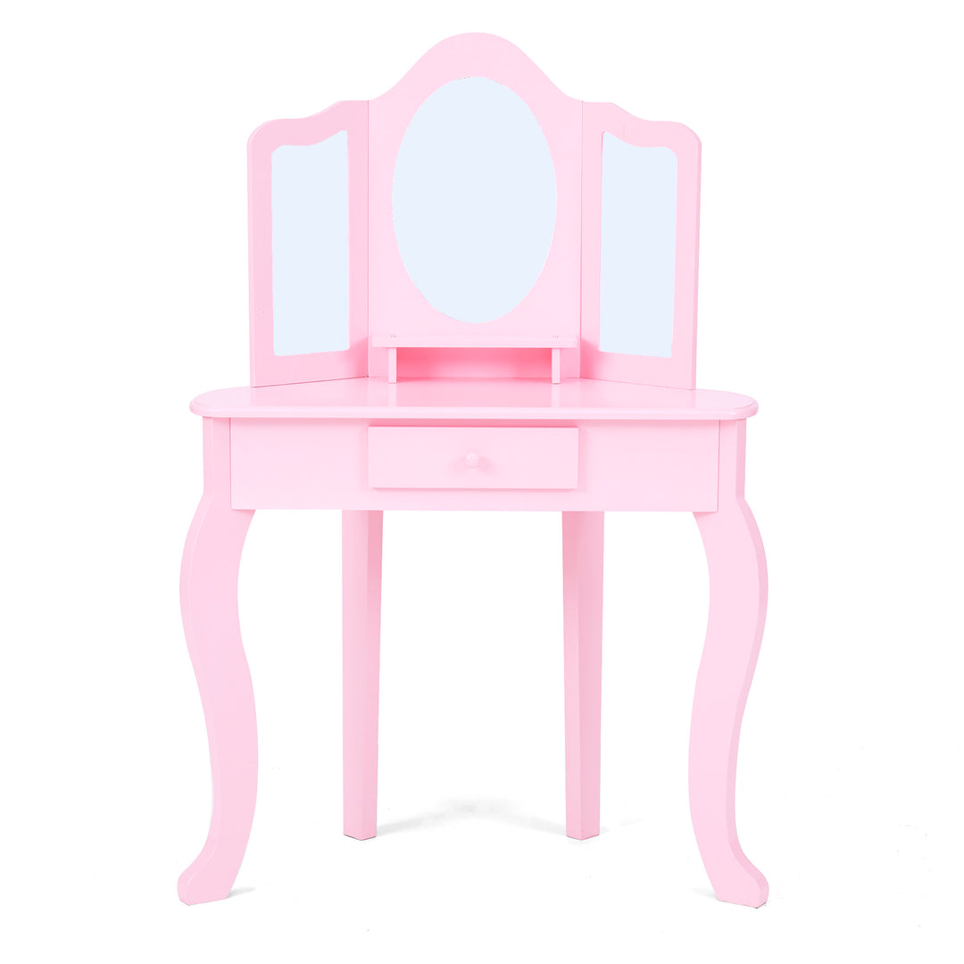 A pink vanity table and stool with a tri-fold mirror.