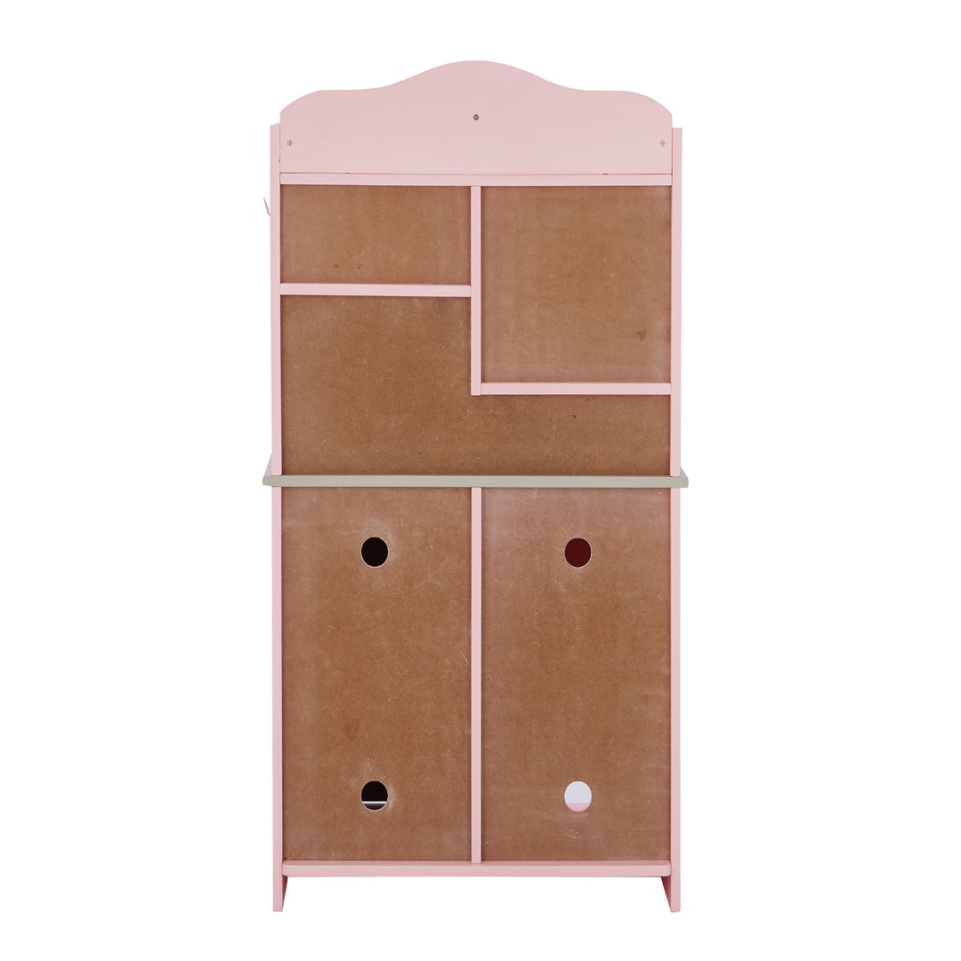A pink and brown wooden Teamson Kids Little Chef Florence Classic Play Kitchen, Pink/Gray with shelving and cabinet doors designed for children.