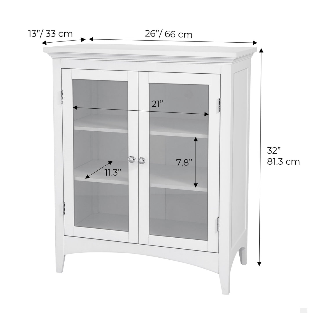 Dimensions in inches and centimeters  of the Teamson Home Madison Double Door Floor Storage Cabinet, White