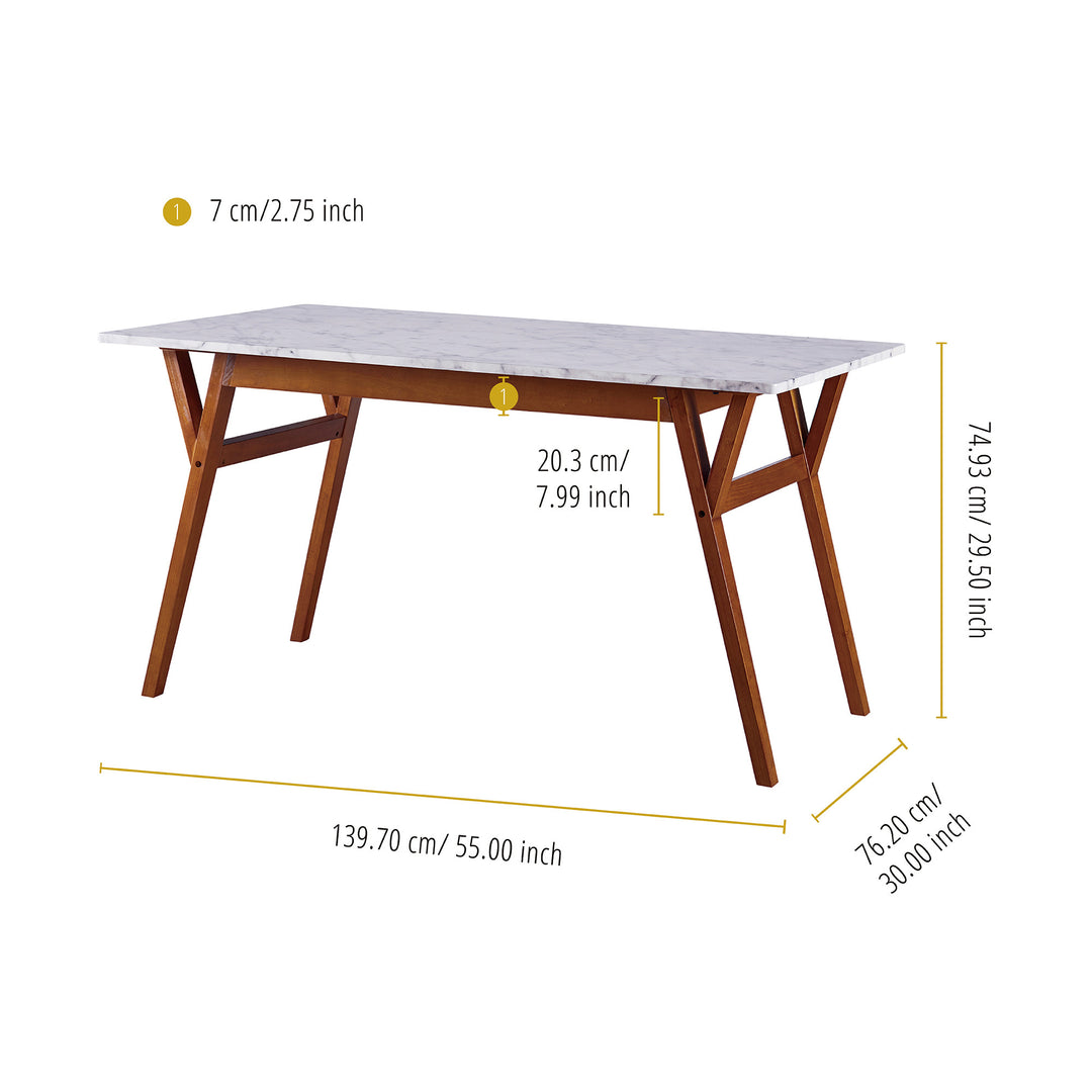 The measurements for a Teamson Home Ashton Rectangular Marble-Look Dining Table with Wood Base, Marble/Walnut in inches and centimeters