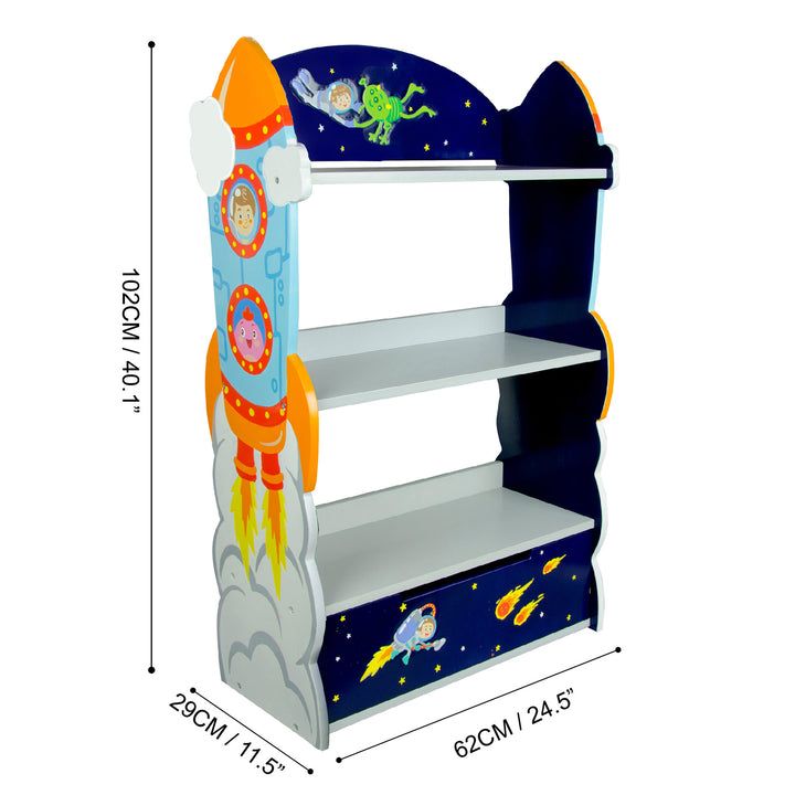 A Fantasy Fields Kids Wooden Outer Space Bookshelf with Drawer, Blue from the Outer Space collection, offering a fun storage solution for children's books.
