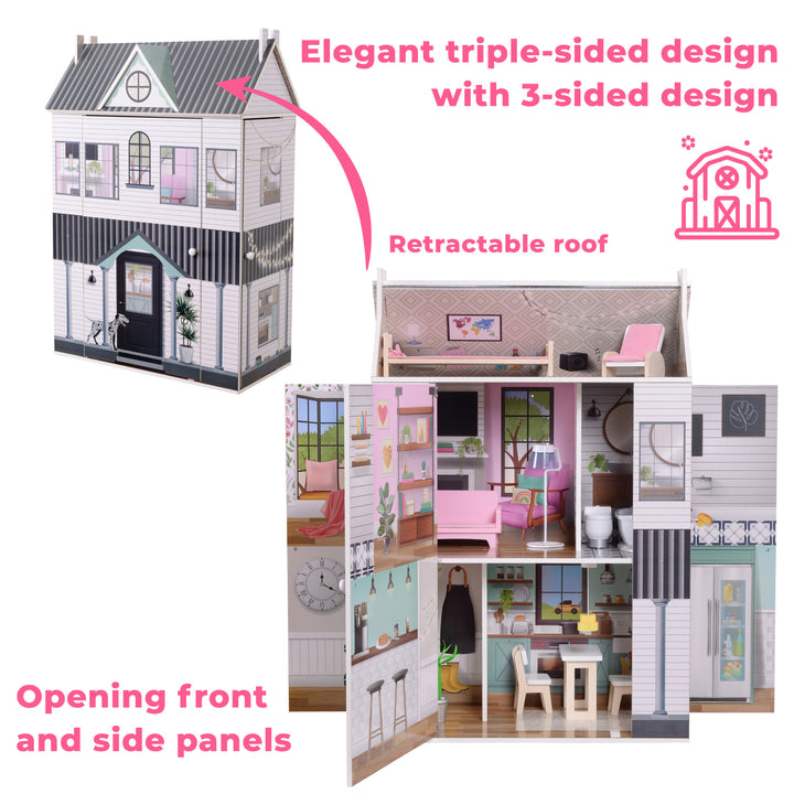 A graphic of the dollhouse opened and closed with the captions "Elegant triple-sided design with 3-sided design" and a barn icon, "Retractable roof", and "Opening front and side panels"