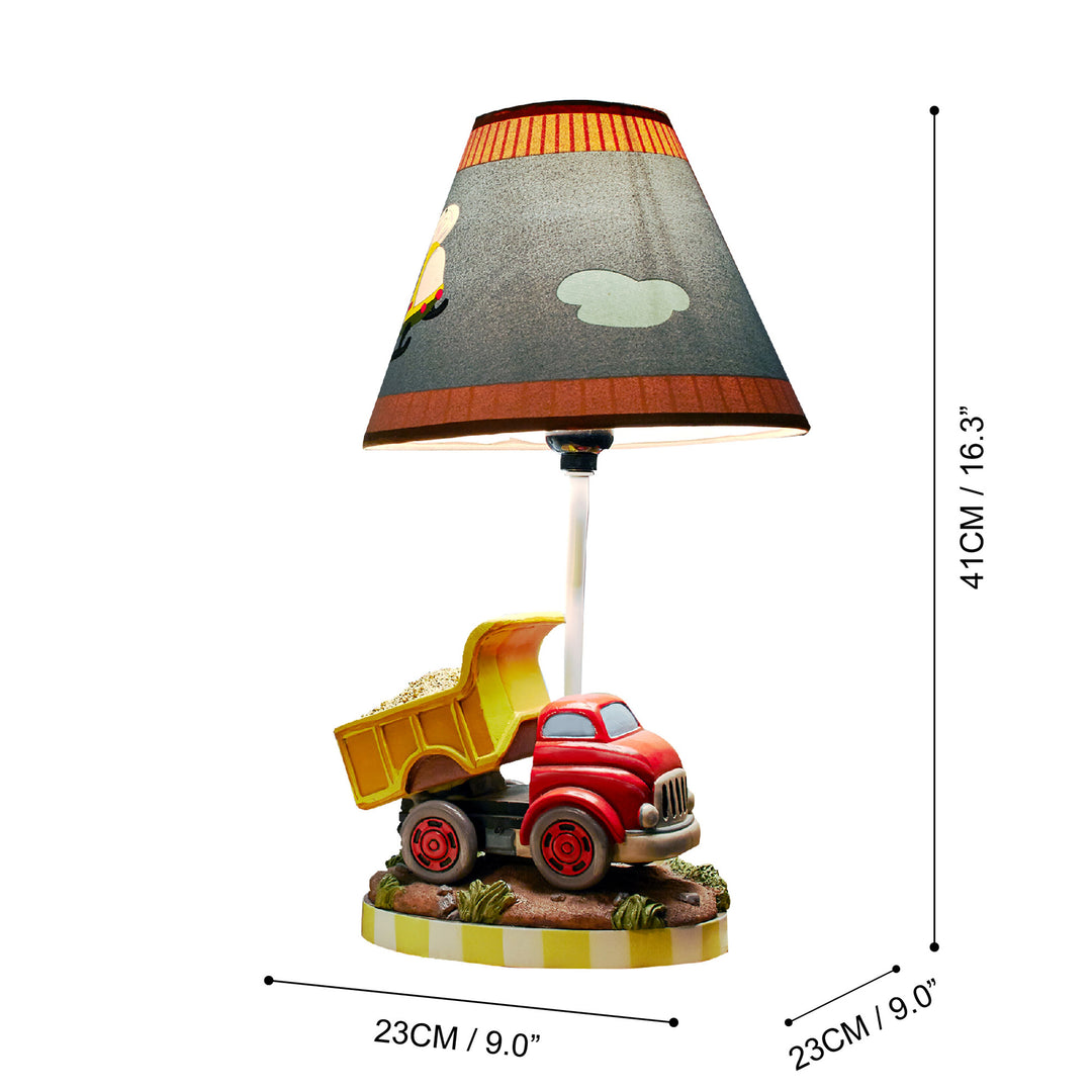 Dimensions of the dump truck table lamp for diameter and height.