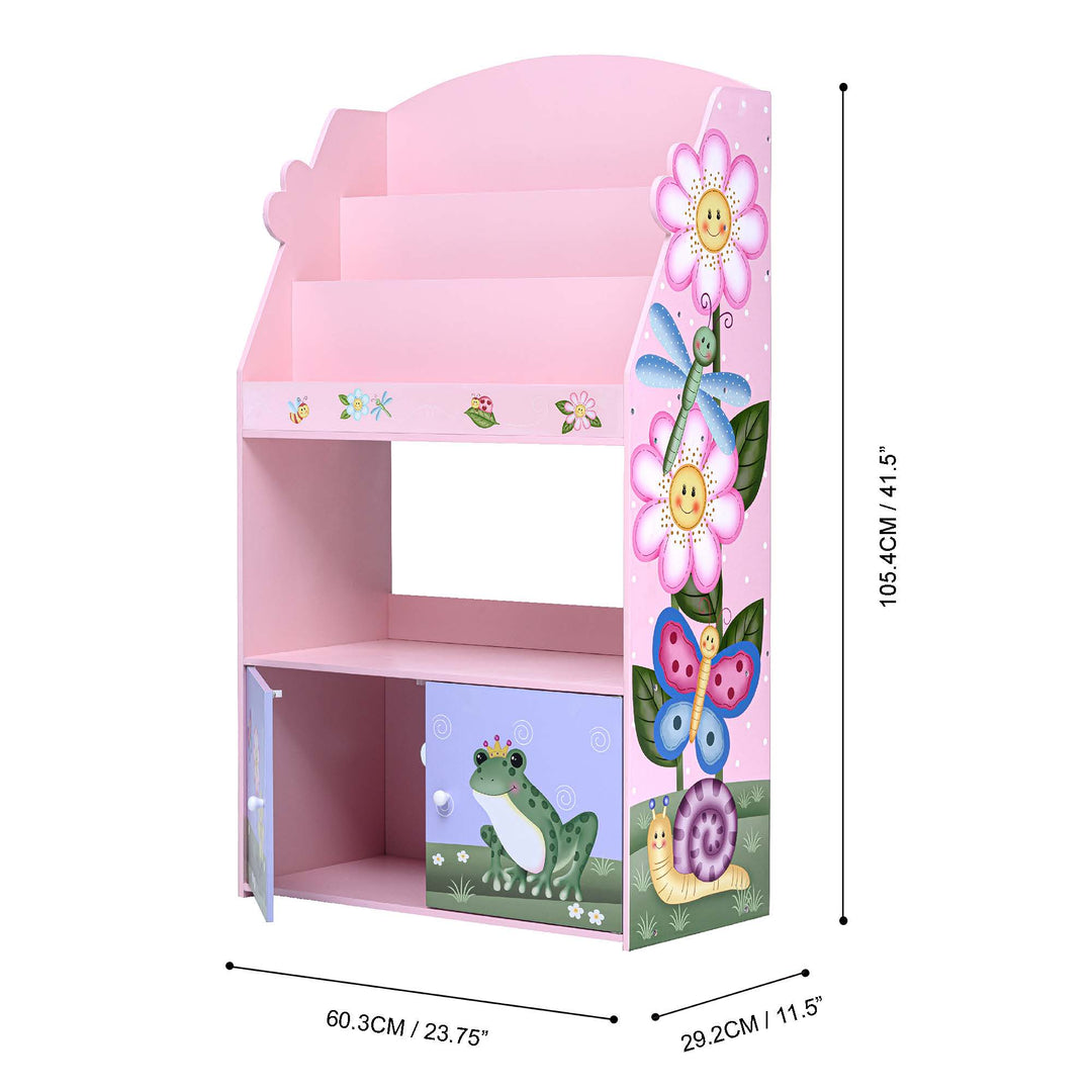 A Fantasy Fields Magic Garden Kids 3-Tier Wooden Bookshelf with Storage, Multicolor with a frog and flowers on it, perfect for kids' storage.