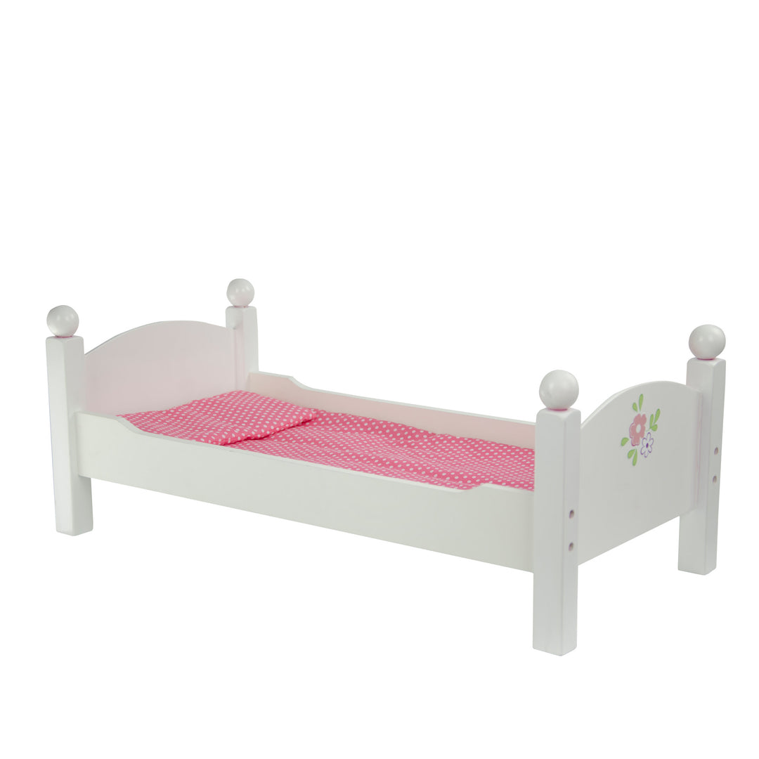 A Olivia's Little World Polka Dots Princess 18" Doll Bunk Bed, Gray with pink sheets and a white frame.