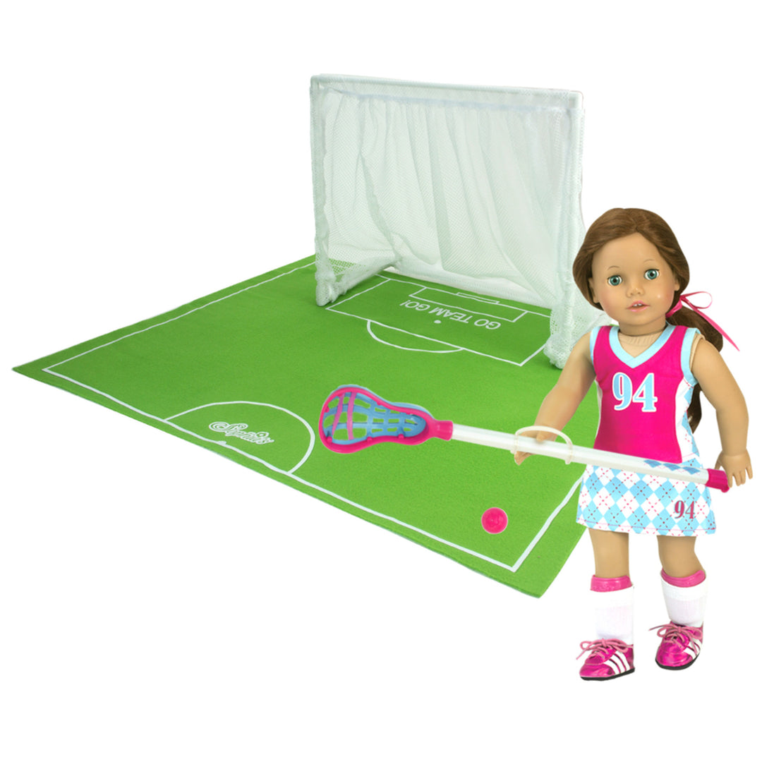 A Sophia’s Soccer Field Set for 18" Dolls, Green with a stick and a net, perfect for playing imaginary soccer.