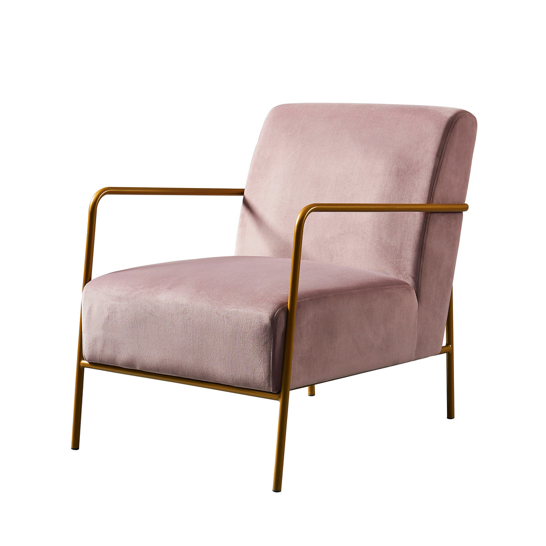 Chelsea mid-century armchair with faux mauve suede and a gold-finished frame.