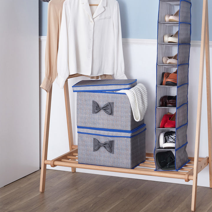 Teamson Home Fabric Storage Cubes with Lids, Gray with Blue Trim on a temporary closet set up