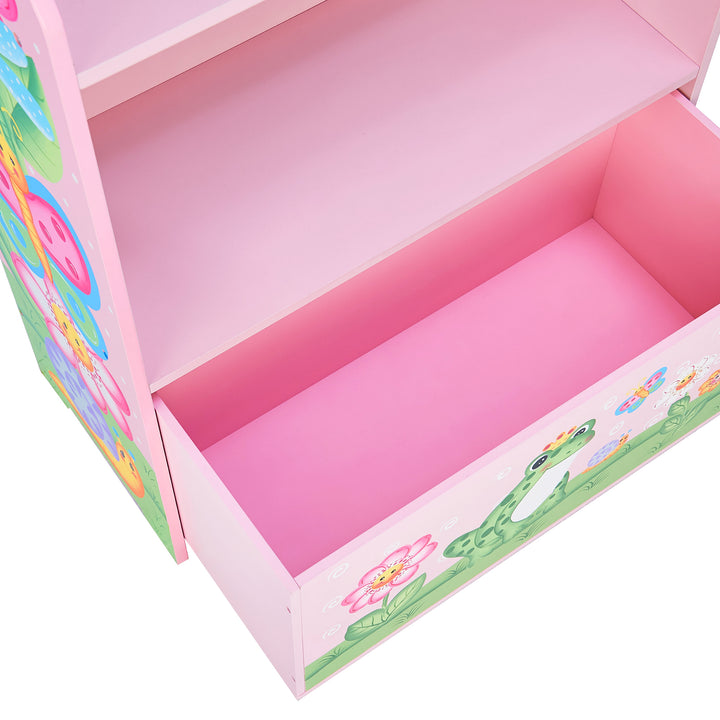 A Fantasy Fields Magic Garden Kids Wooden Toy Organizer with Rolling Storage Box, Pink toy organizer bookcase with a pink flower design.