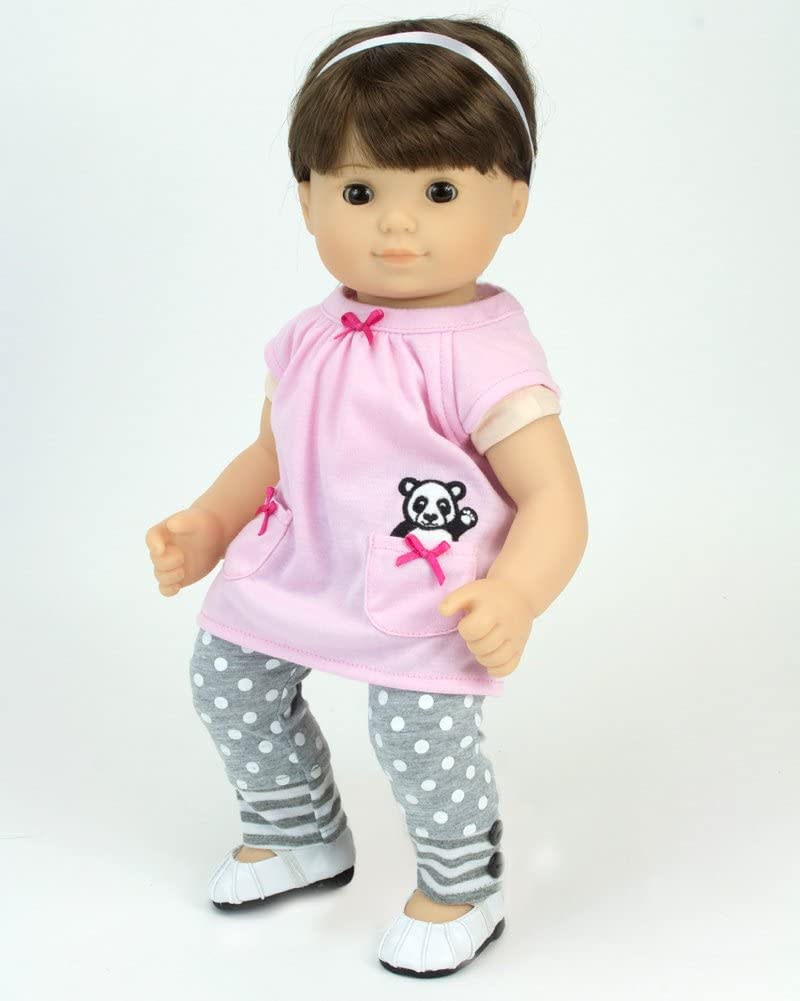 15" Doll with brunette hair and brown airs dressed in a pink tunic with a panda bear and gray polka dotted leggings