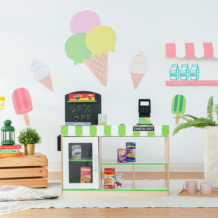 Image shows the market stand in a colorful children's play room