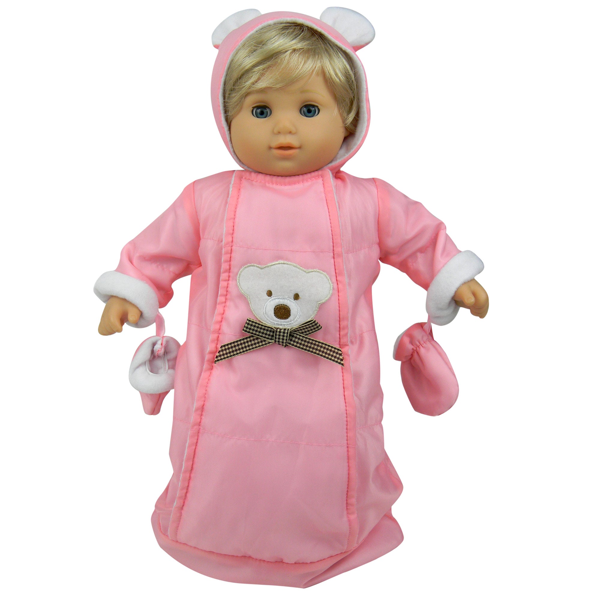 Sophia's Polar Bear Bunting Snowsuit with Attached Mittens and Hood for 15' Dolls, Pink