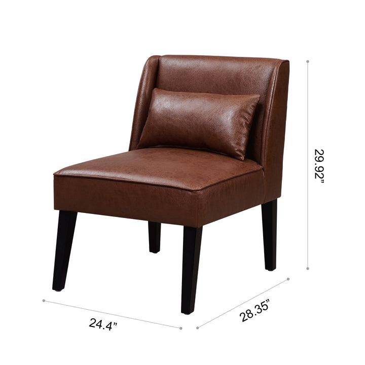 The measurements of a comfortable Teamson Home Marc Faux Leather Lounge Chair with Pillow and Solid Wood Legs, Brown.