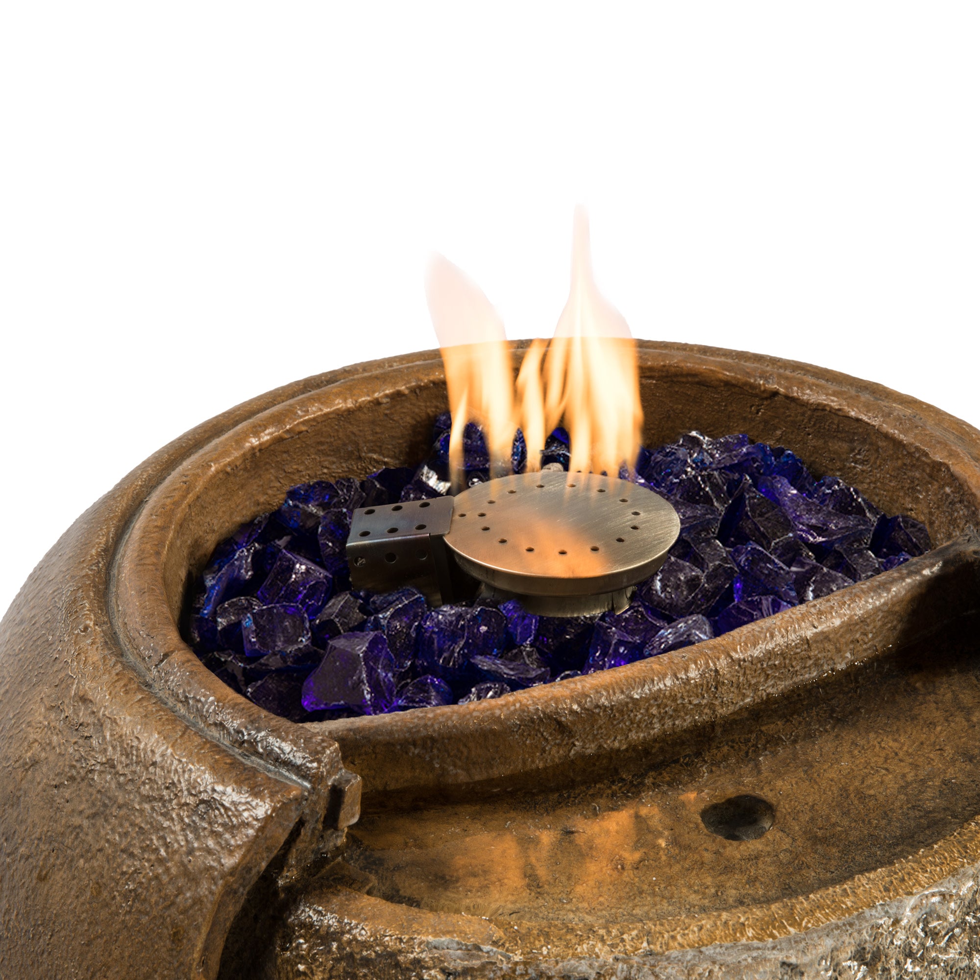 Teamson Home Large Outdoor Water Fountain Pot with Fire Pit and Fire Glass, Brown