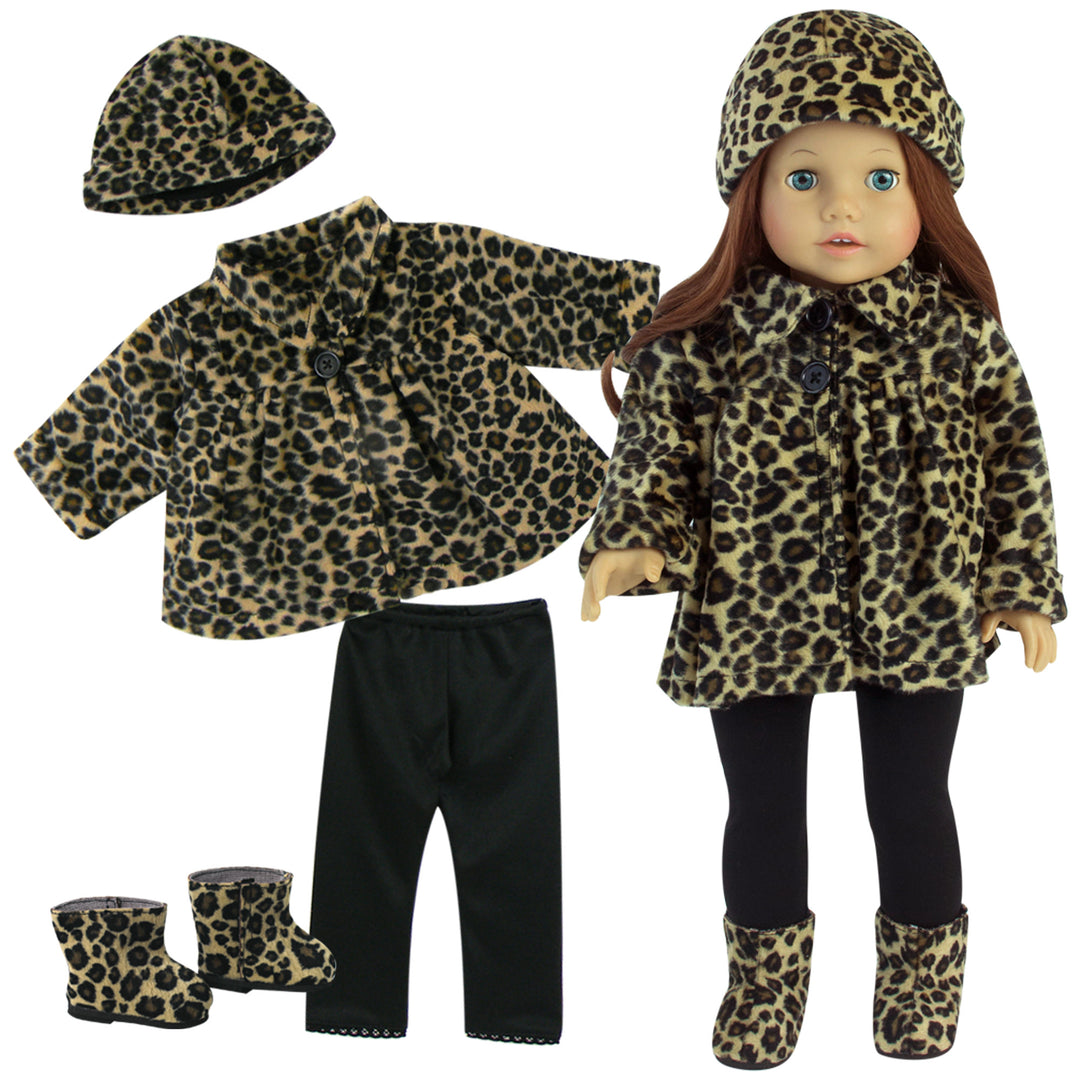 A leopard-print hat, coat, and boots with a pair of black leggings separate, and on an auburn-haired, blue-eyed 18" doll.