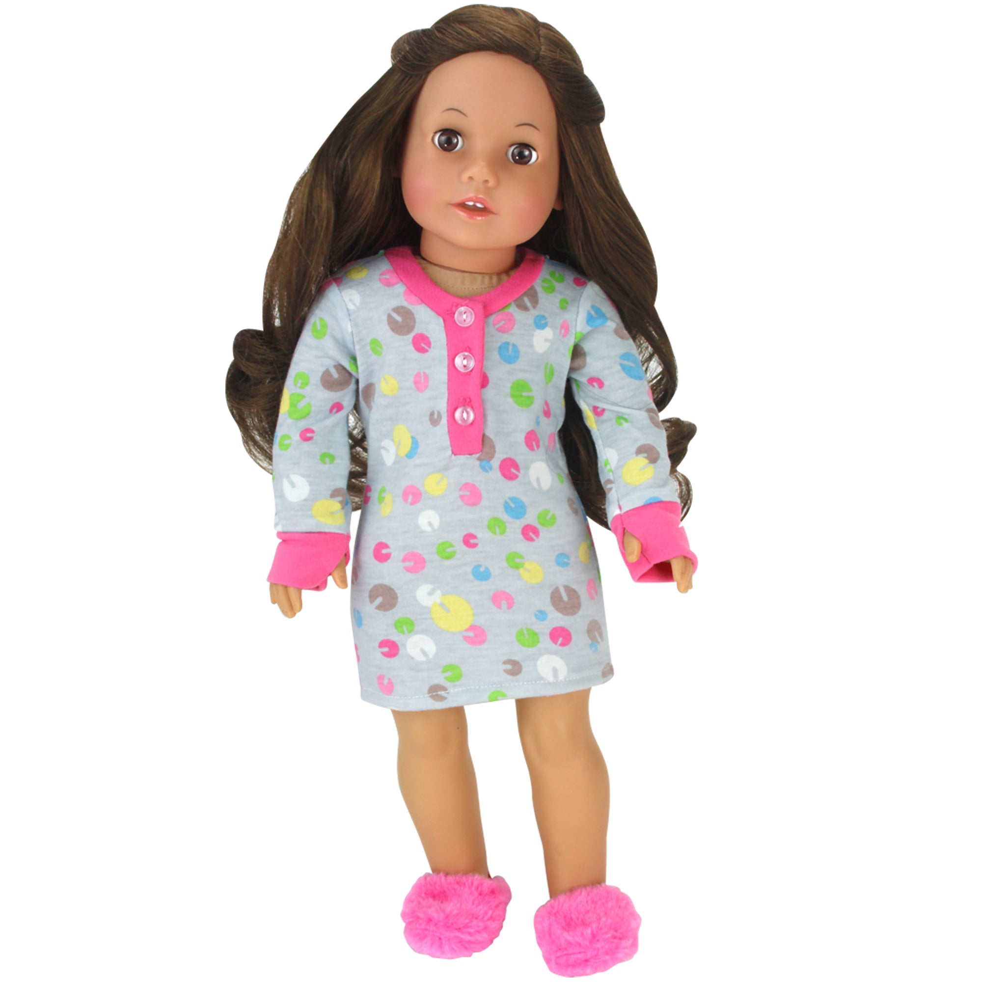 Sophia’s Long-Sleeved Print Nightgown Sleep Shirt & Fluffy Slippers Pajama Outfit for 18” Dolls, Gray/Pink