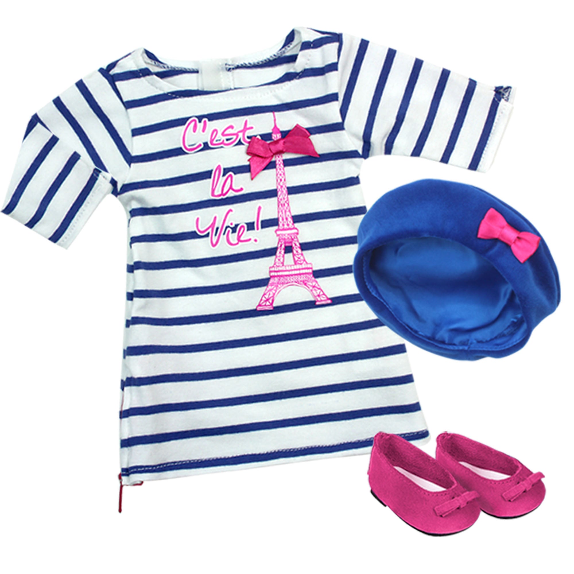 Sophia's 3 Piece Parisian Outfit with Eiffel Tower Dress, Beret Cap and Flats for 18" Dolls, Blue/Pink
