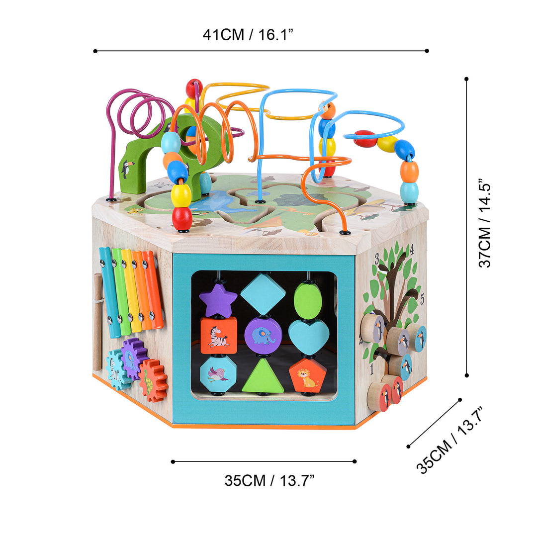 A wooden activity station's dimensions listed in inches and centimeters.
