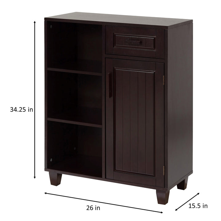 Overall dimensions in inches of the Teamson Home Catalina Single Door Free Standing Cabinet with Open Shelves and Drawer, Espresso