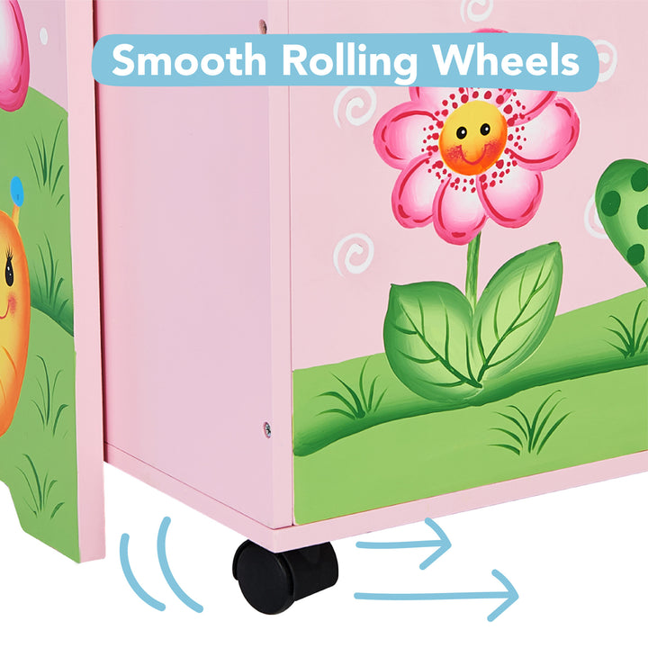 Close-up of the storage drawer's wheels with the caption "smooth rolling wheels".