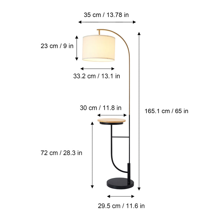 Dimensions in inches and centimeters of a Teamson Home Danna Floor Lamp with Marble Base and Built-In Table, White