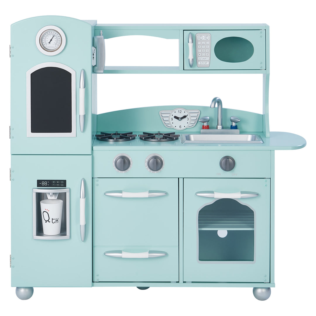 A Teamson Kids Little Chef Westchester Retro Kids Kitchen Playset in mint featuring a stove, oven, sink, and other kitchen appliances, including a toy telephone with interactive features.
