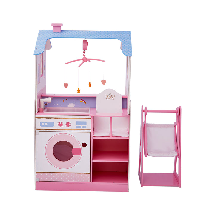 A view of the sink bathtub, washing machine, high chair, and storage shelves side in periwinkle and pink.