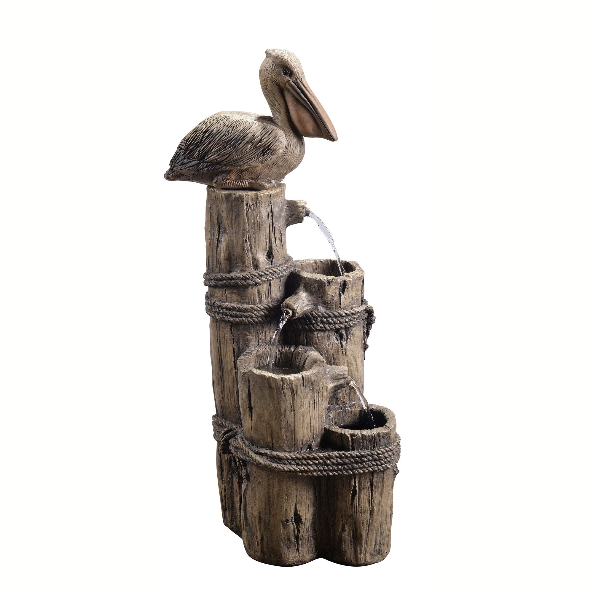 Teamson Home Outdoor Tiered Pelican and Wooden Post Waterfall Fountain, Brown