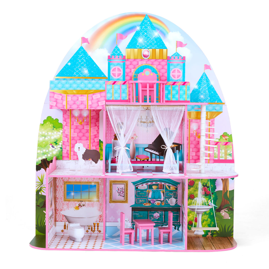 A 3-story brightly illustrated castle doll house for 12" dolls.