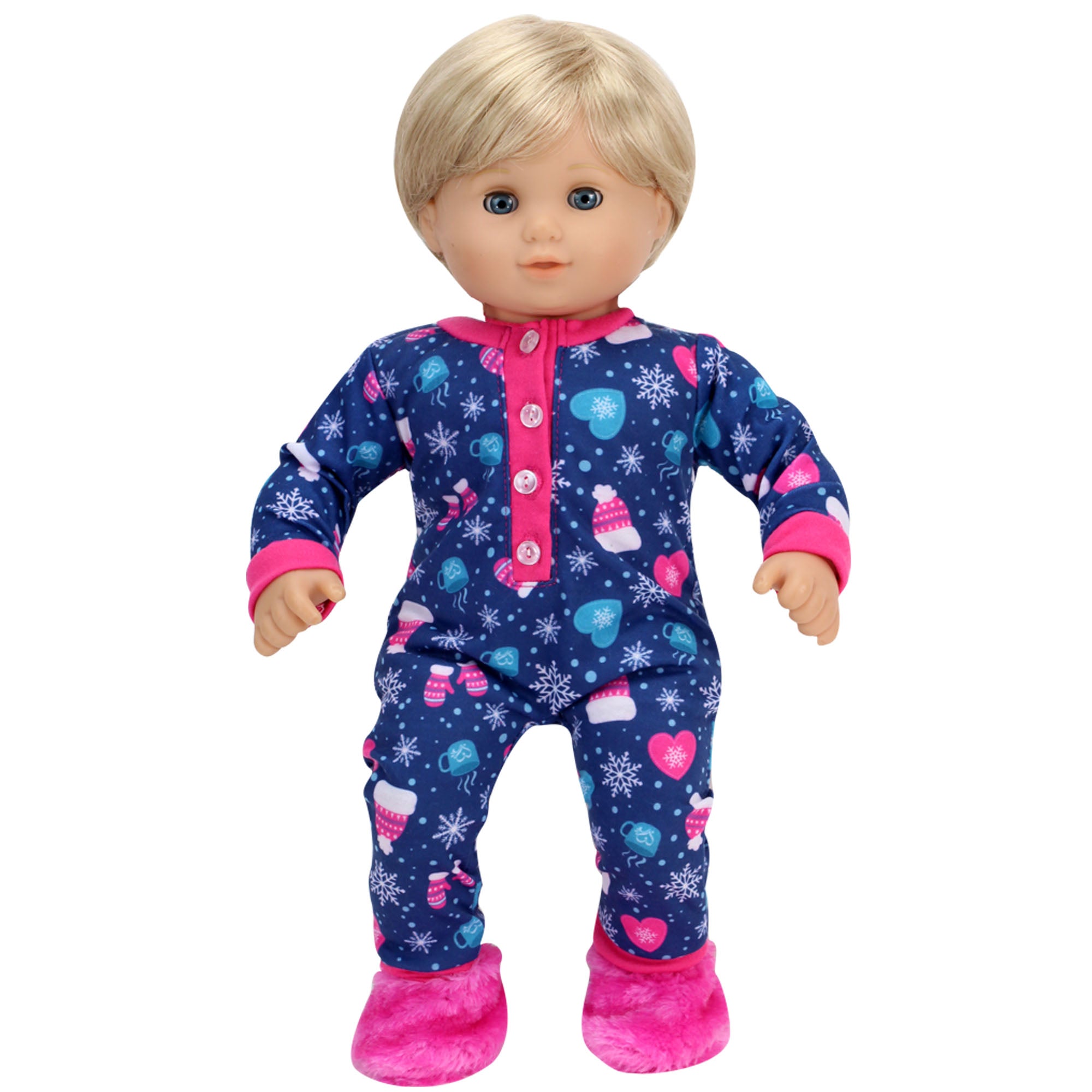 Sophia’s Hot Cocoa Print Long-Sleeved Winter Pajama Onesie with Matching Fuzzy Slippers Sleep Set for 15” Baby Dolls, Navy/Hot Pink