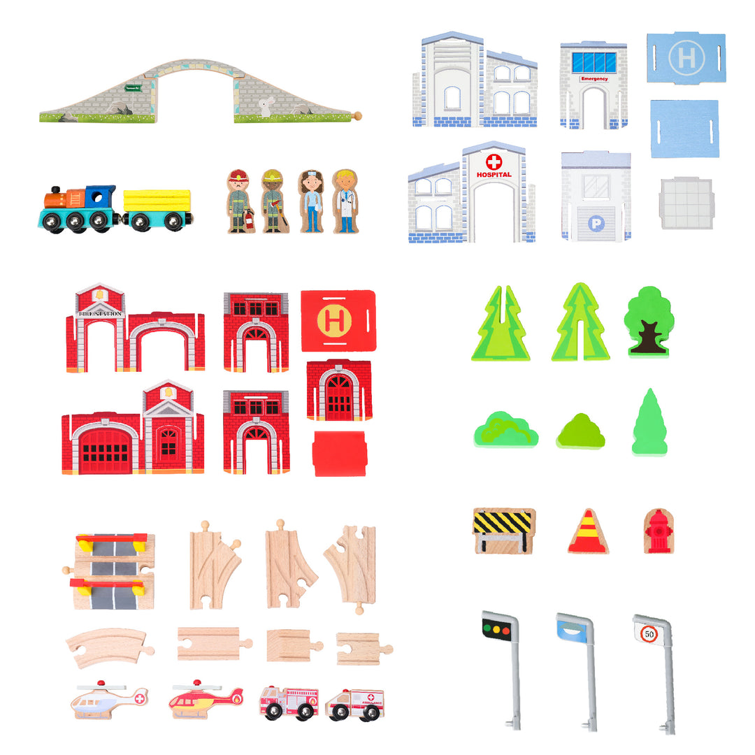 Teamson Kids Preschool Play Lab Toys Wooden Table with 85-pc Train and Town Set, Natural depicting elements of a town, including buildings, vehicles, trees, road signs, and a toy train with track arrangement.