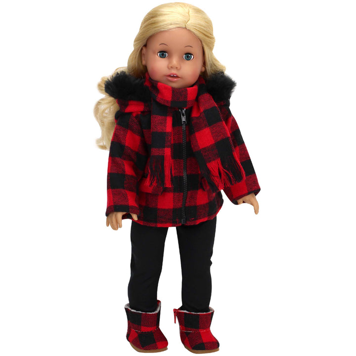 Sophia’s Gender-Neutral Mix & Match Buffalo Check faux fur-Trimmed Coat, Scarf, Leggings, & Boots Outfit Set for 18” Dolls, Black/Red