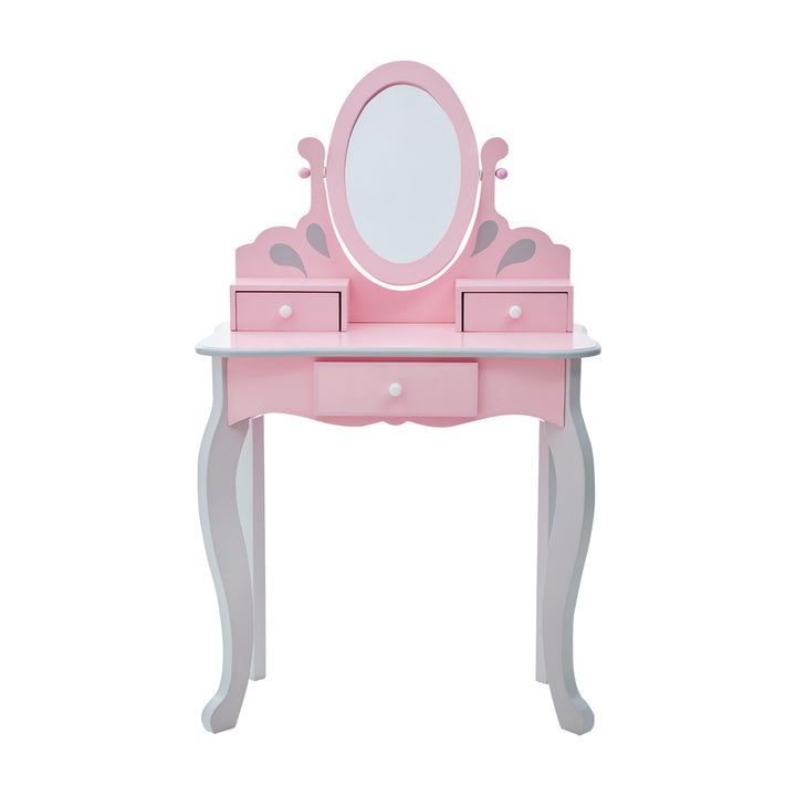 A Teamson Kids Little Princess Rapunzel Vanity Playset, Pink / Gray with a mirror and drawers.