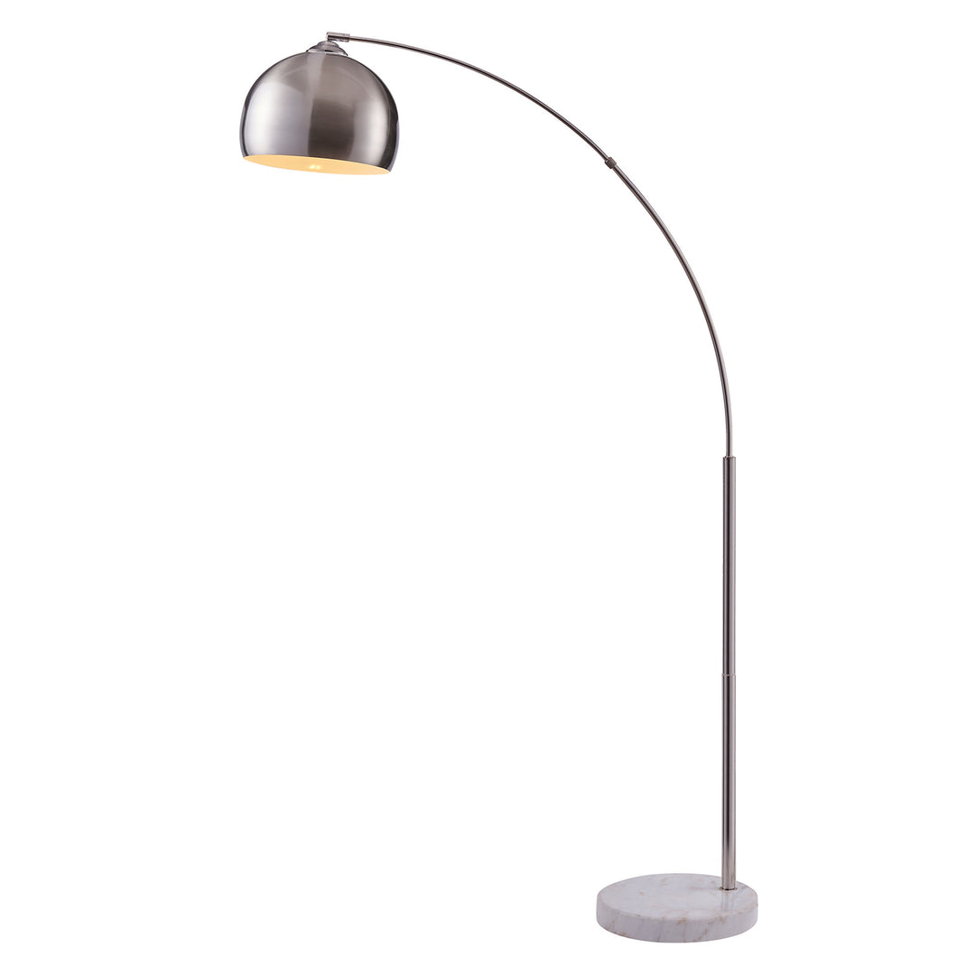 A Teamson Home Arquer Arc 68" Metal Floor Lamp with Bell Shade, Polished Nickel stands at 68 inches tall and is only 12.6 inches wide; its bell-shaped shade.