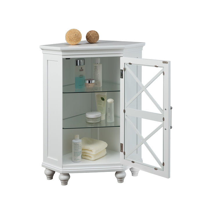 White Teamson Home Blue Ridge Corner Floor Cabinet with personal items inside on the glass shelves and decor on top