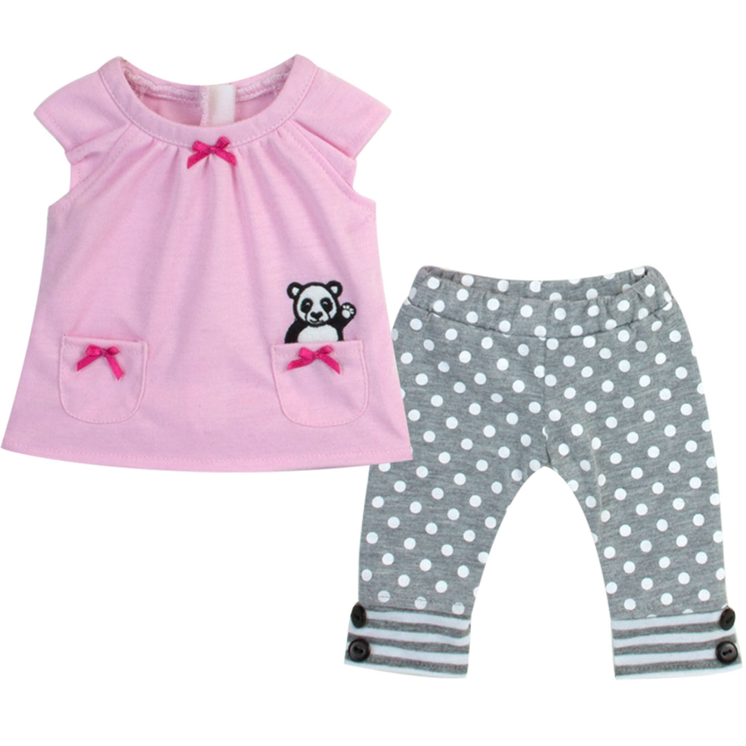A pink tunic with a panda bear and gray polka dotted leggings sized for 15" baby dolls
