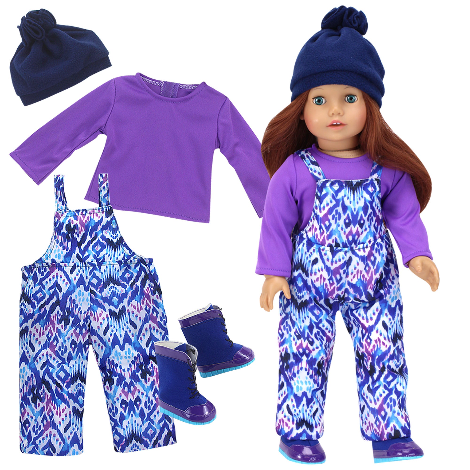 Sophia's - 18" Doll - Ikat Print Bib Snow Overalls, Purple T, Navy Fleece Hat & Boots Set - Blue