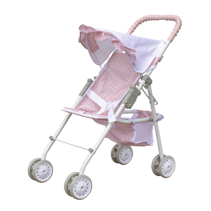 A pink and white baby doll collapsing stroller with an awning and storage basket.