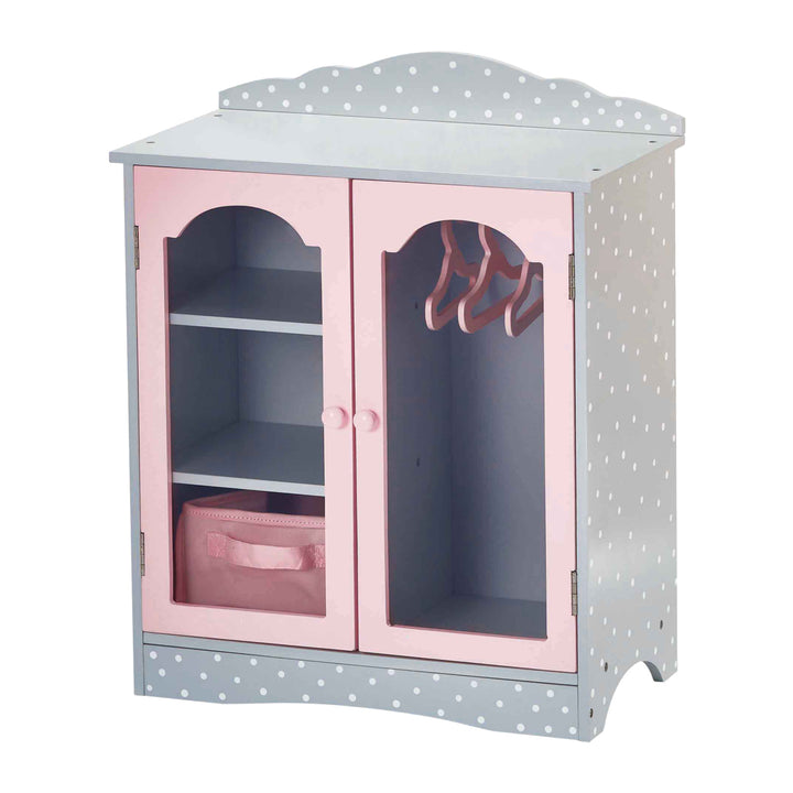 A Olivia's Little World Polka Dots Princess Toy Closet with Hangers for 18" Dolls, Gray/Pink eco-friendly wardrobe with drawers.