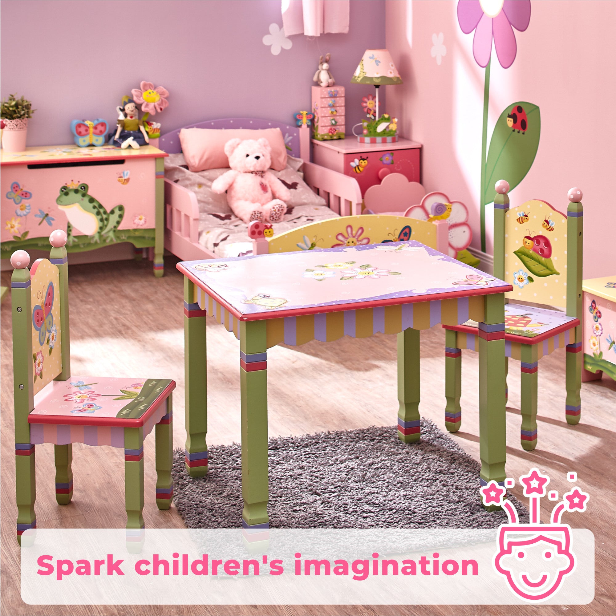 Fantasy Fields Kids Painted Wooden Magic Garden Table with 2 Chairs, Multicolor