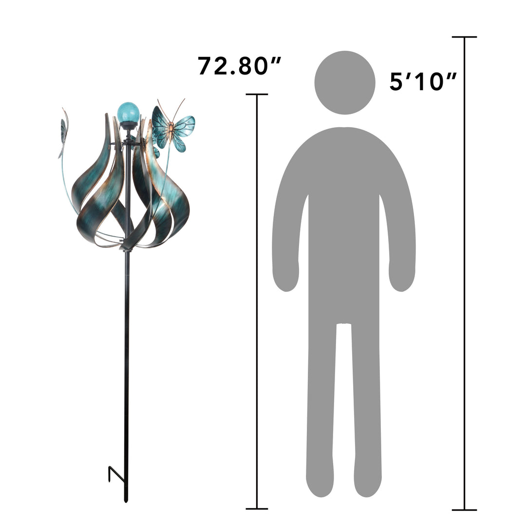 A comparison graphic of the Teamson Home Outdoor Solar Tulip and Butterfly Kinetic Windmill Sculpture with a 5' 10" person