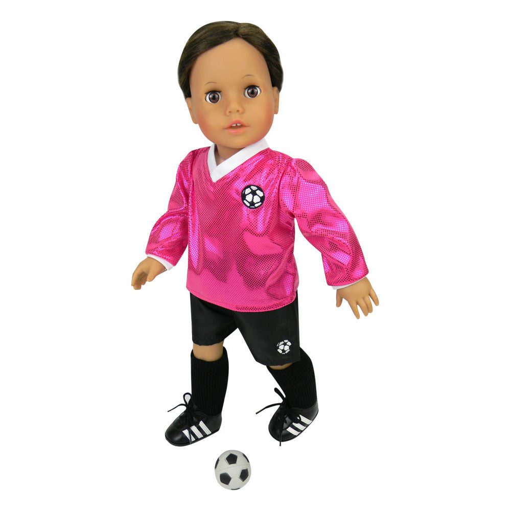 Sophia’s Shimmery Hot Pink Three-Piece Long-Sleeved V-Neck & Shorts Soccer Outfit & Ball Set for 18” Dolls, Fuchsia/Black