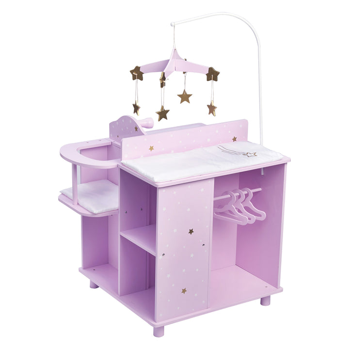 A baby doll changing station in purple with white and gold stars with a closet, storage shelves, high chair, mobile, sink, and changing table with a white cushion.