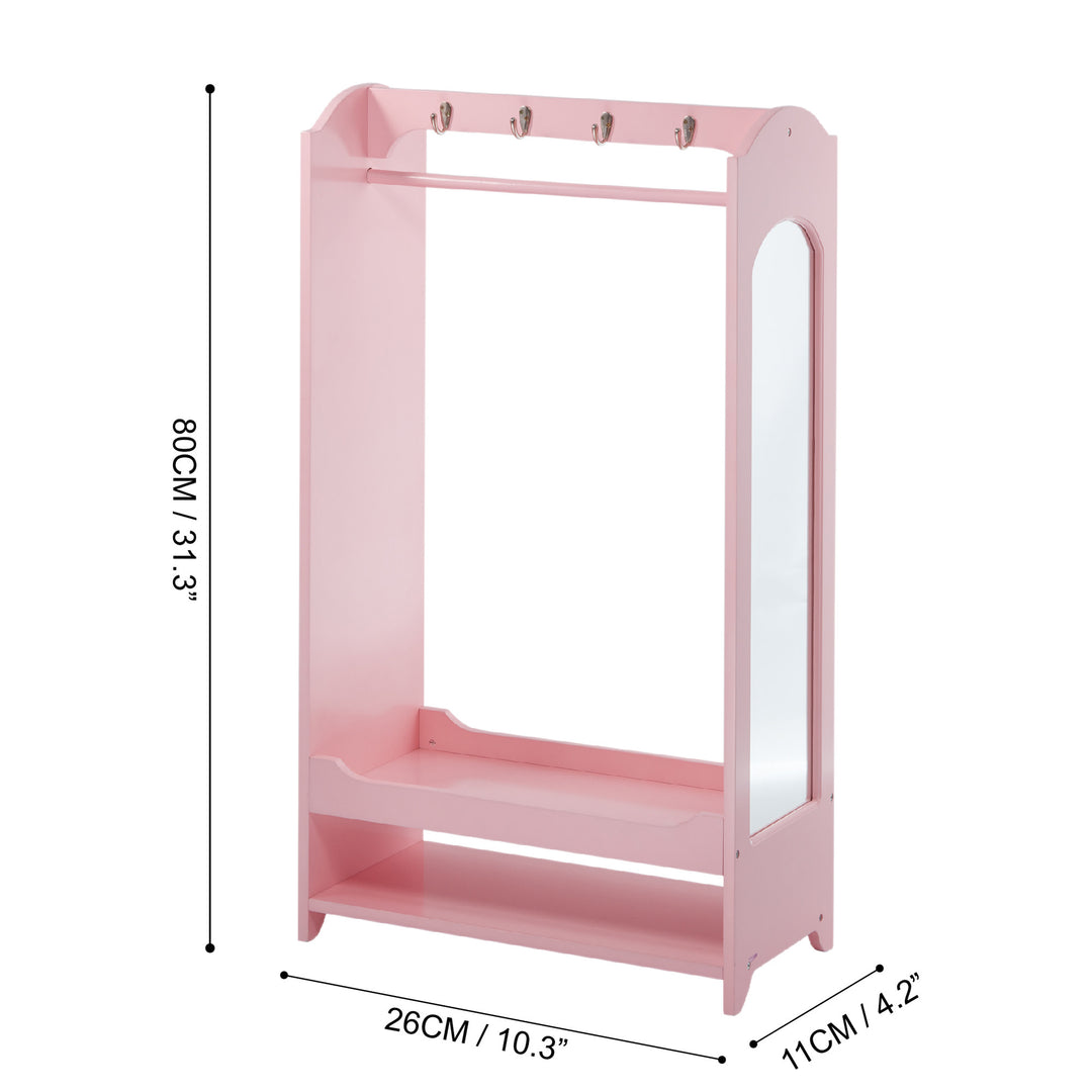 A dimensions graphic with length, width, and height in both inches and centimeters around the pink wardrobe.