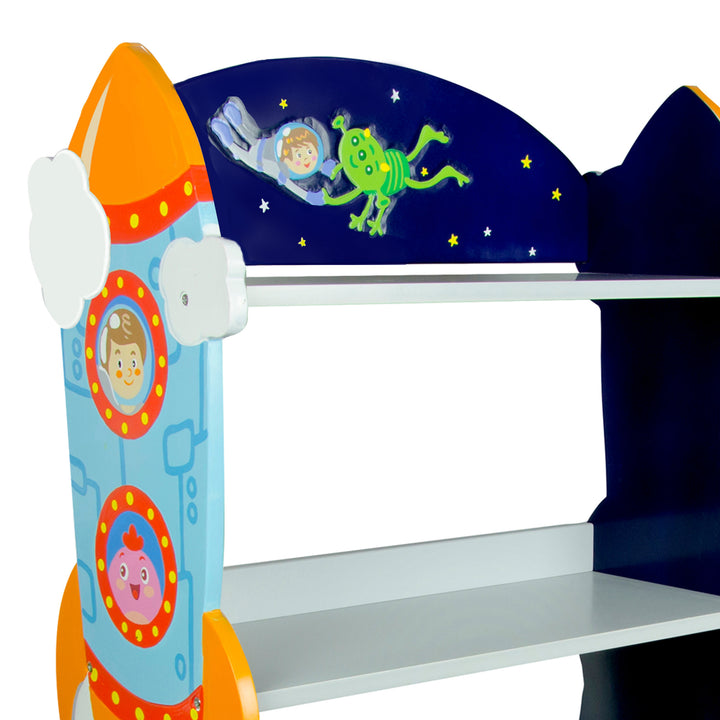 Close up of the rocket ship shaped side in orange and blue, and the image of an astronaut andgreen alien in space on the back of the shelf.