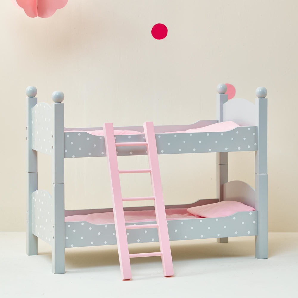 A playful room decoration Olivia's Little World Polka Dots Princess Double Bunk Bed for 18" Dolls, gray with white polka dots and pink bedding with a ladder.
